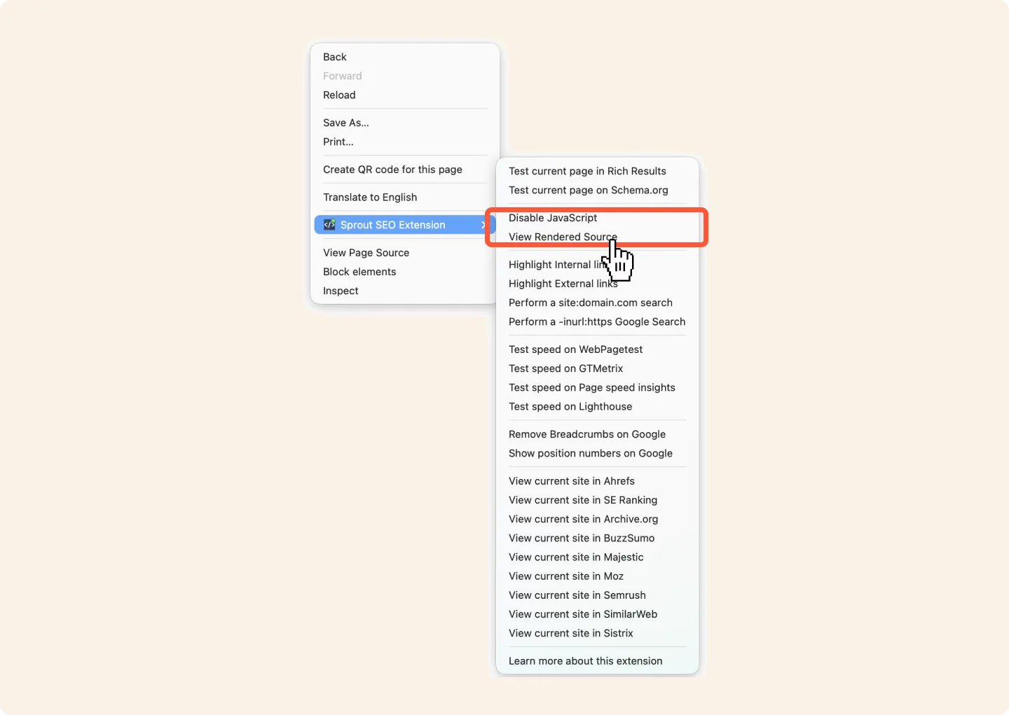 Disable JavaScript and have the ability to view the rendered source straight from the right-click context menu